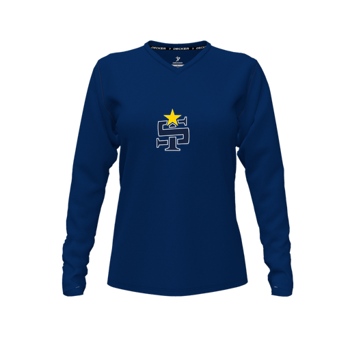 [CUS-DFW-TEES-CMF-VNK-LSL-NVY-FYXS-LOGO1] Decker Comfort T-Shirt (Female Youth XS, Navy, V Neck, Logo 1, Long Sleeve)