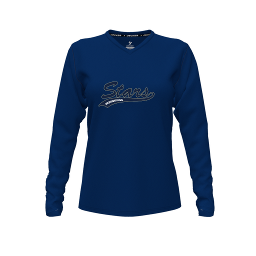 [CUS-DFW-TEES-CMF-VNK-LSL-NVY-FYXS-LOGO2] Decker Comfort T-Shirt (Female Youth XS, Navy, V Neck, Logo 2, Long Sleeve)