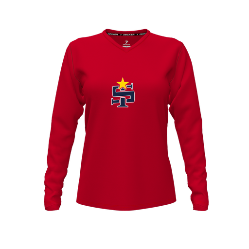 [CUS-DFW-TEES-CMF-VNK-LSL-RED-FYXS-LOGO1] Decker Comfort T-Shirt (Female Youth XS, Red, V Neck, Logo 1, Long Sleeve)