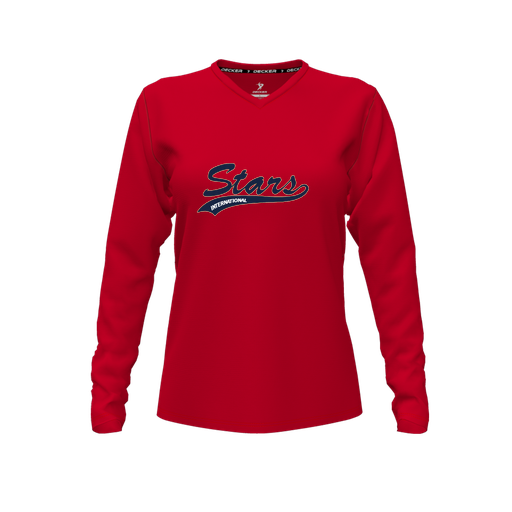 [CUS-DFW-TEES-CMF-VNK-LSL-RED-FYXS-LOGO2] Decker Comfort T-Shirt (Female Youth XS, Red, V Neck, Logo 2, Long Sleeve)