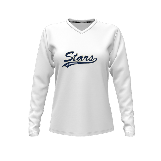 [CUS-DFW-TEES-PER-VNK-LSL-WHT-FYXS-LOGO2] Decker Performance T-Shirt (Female Youth XS, White, V Neck, Logo 2, Long Sleeve)