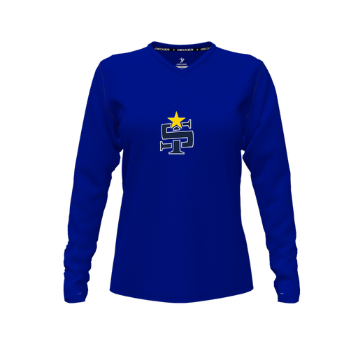 [CUS-DFW-TEES-PER-VNK-LSL-RYL-FYXS-LOGO1] Decker Performance T-Shirt (Female Youth XS, Royal, V Neck, Logo 1, Long Sleeve)