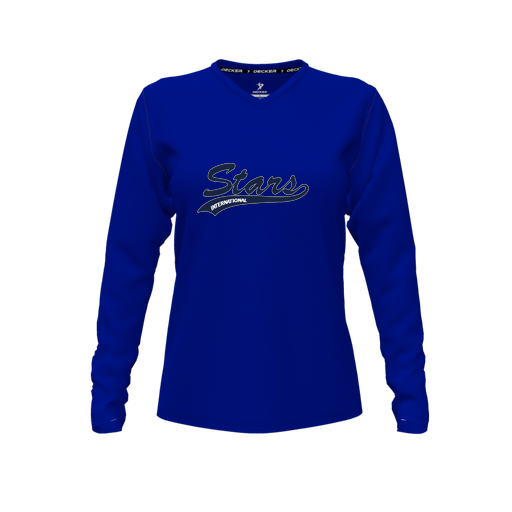 [CUS-DFW-TEES-PER-VNK-LSL-RYL-FYXS-LOGO2] Decker Performance T-Shirt (Female Youth XS, Royal, V Neck, Logo 2, Long Sleeve)