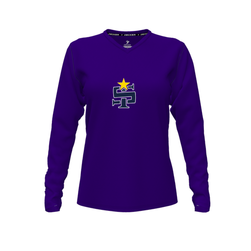 [CUS-DFW-TEES-PER-VNK-LSL-PUR-FYXS-LOGO1] Decker Performance T-Shirt (Female Youth XS, Purple, V Neck, Logo 1, Long Sleeve)